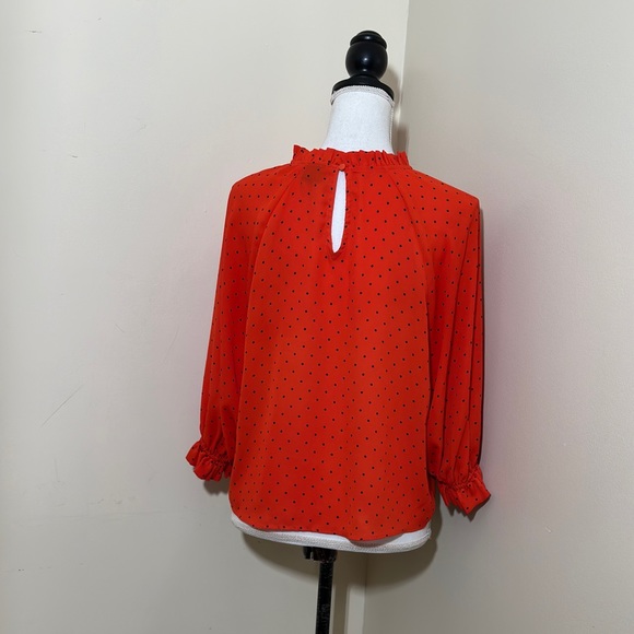 Worthington || Orange & Black Polka Dot Blouse  3/4 Sleeves High Neck size PM - Picture 3 of 5